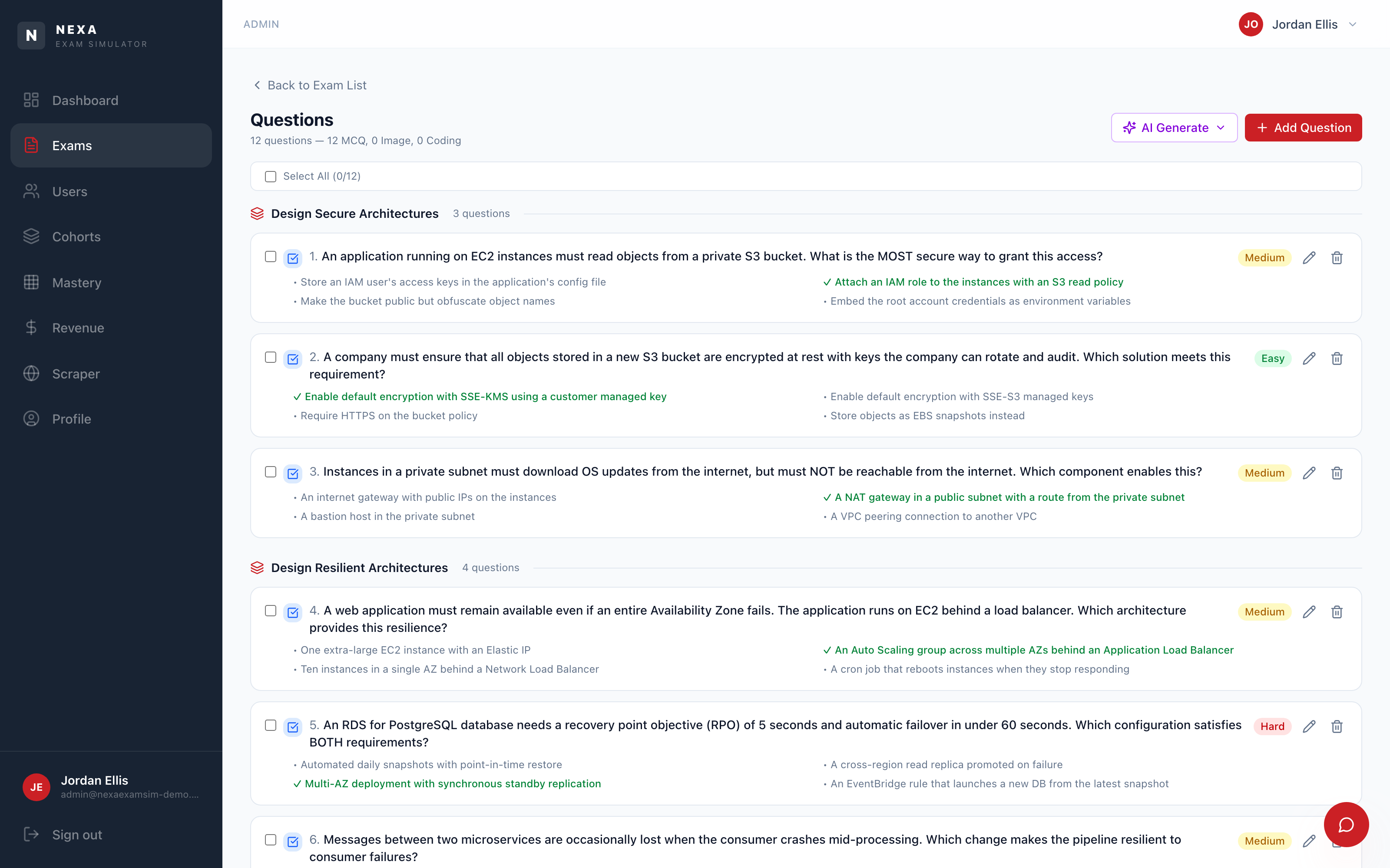 Nexa ExamSim question bank — difficulty-tagged questions with options and explanations