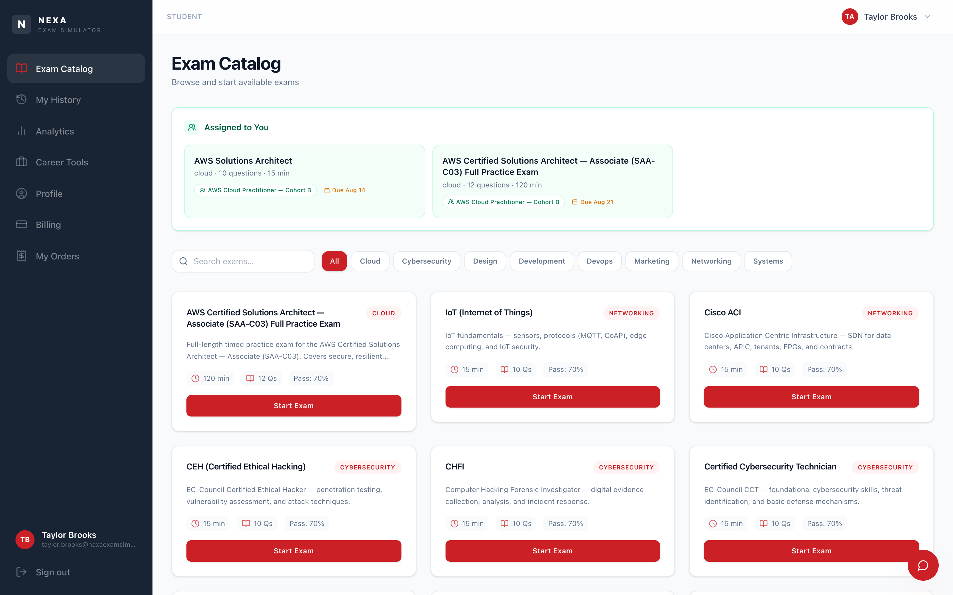 Nexa ExamSim exam catalog — assigned exams with due dates above a certification exam grid