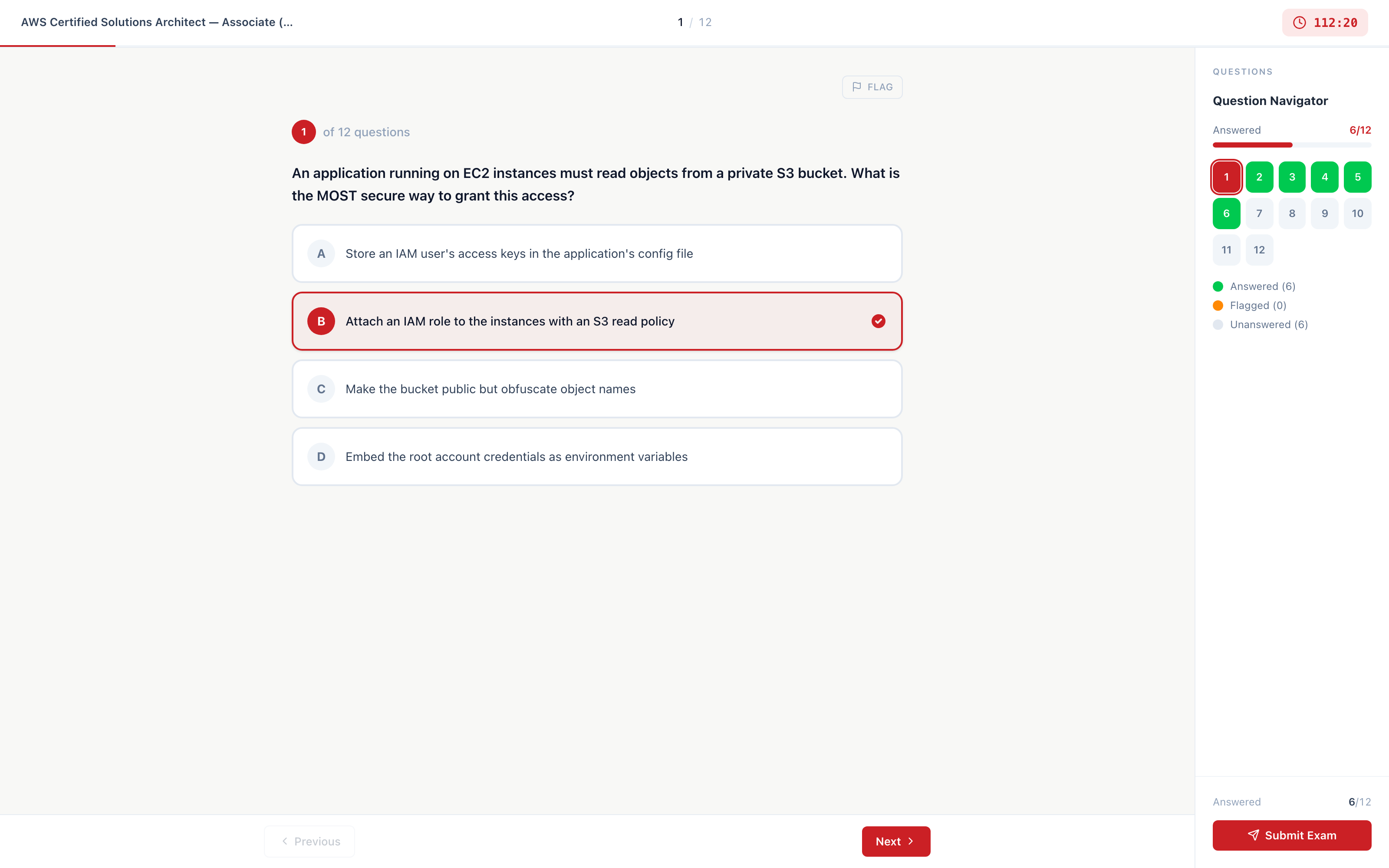 Nexa ExamSim exam in progress — countdown timer, question navigator, AWS practice question