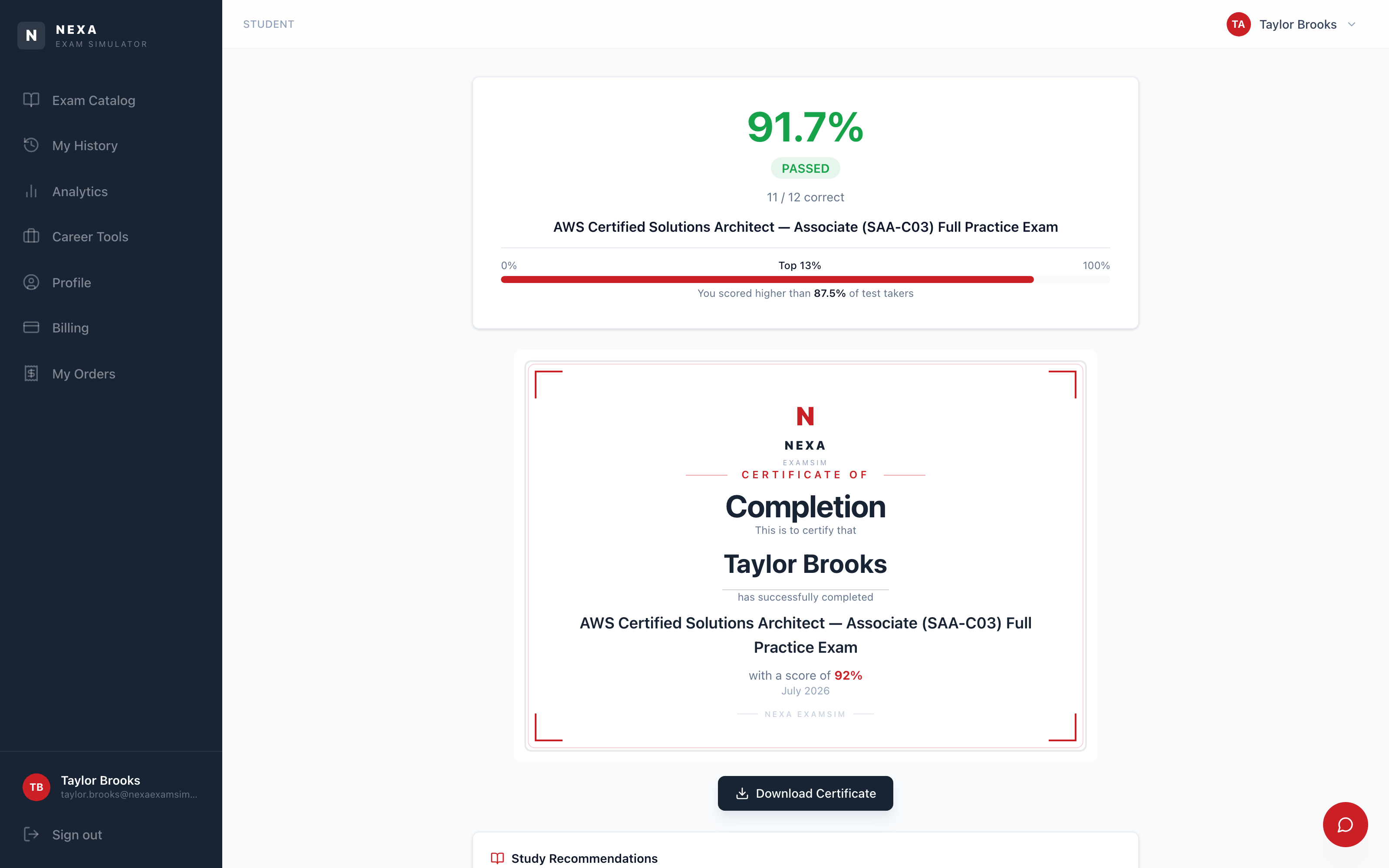 Nexa ExamSim results screen — passed with top-13% percentile and completion certificate