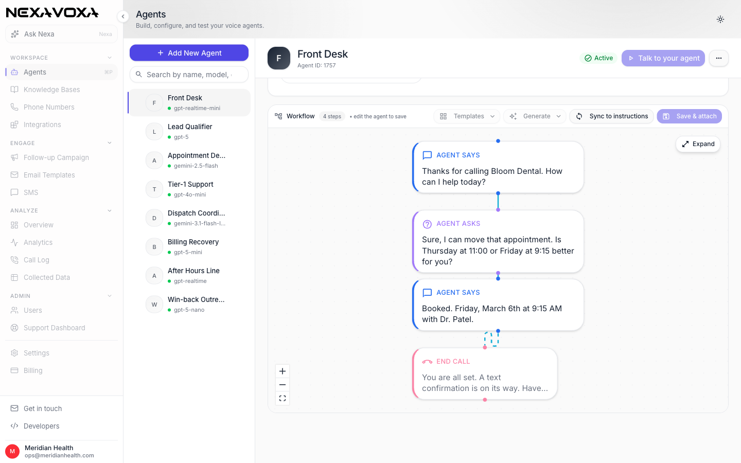 NexaVoxa agent builder showing a guided conversation flow with agent says, agent asks and end call steps