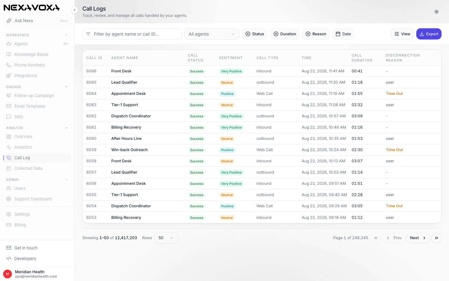 NexaVoxa call logs with sentiment, call type, duration and disconnection reason for each call