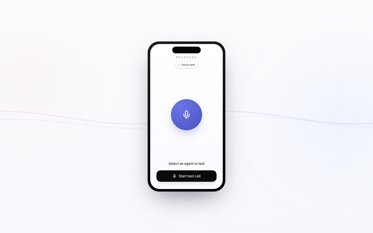 NexaVoxa browser voice test screen with a microphone control and start test call button