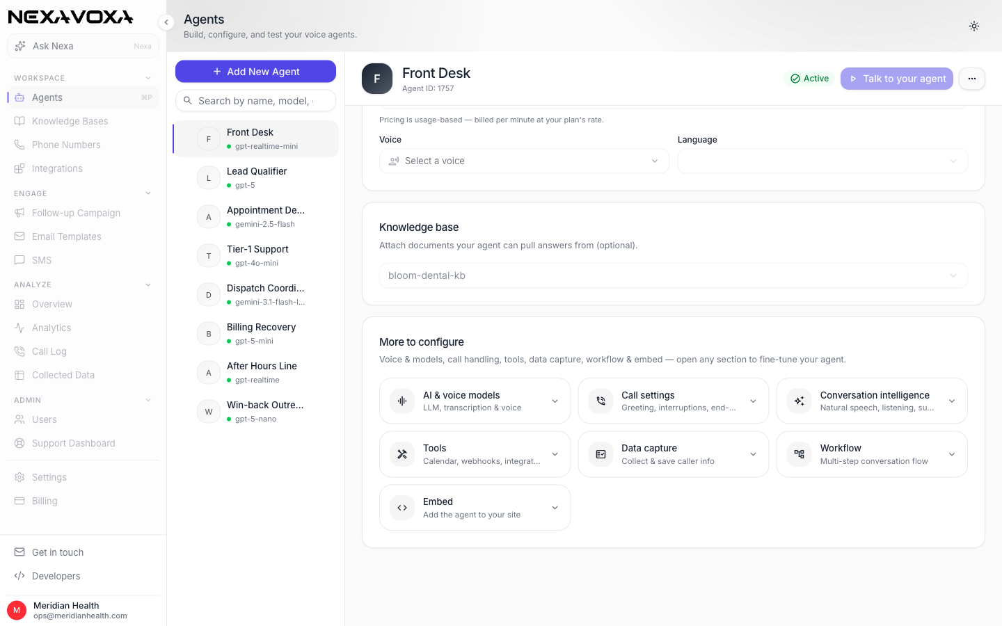 NexaVoxa knowledge base attached to an agent with voice, call settings, tools, data capture and embed sections