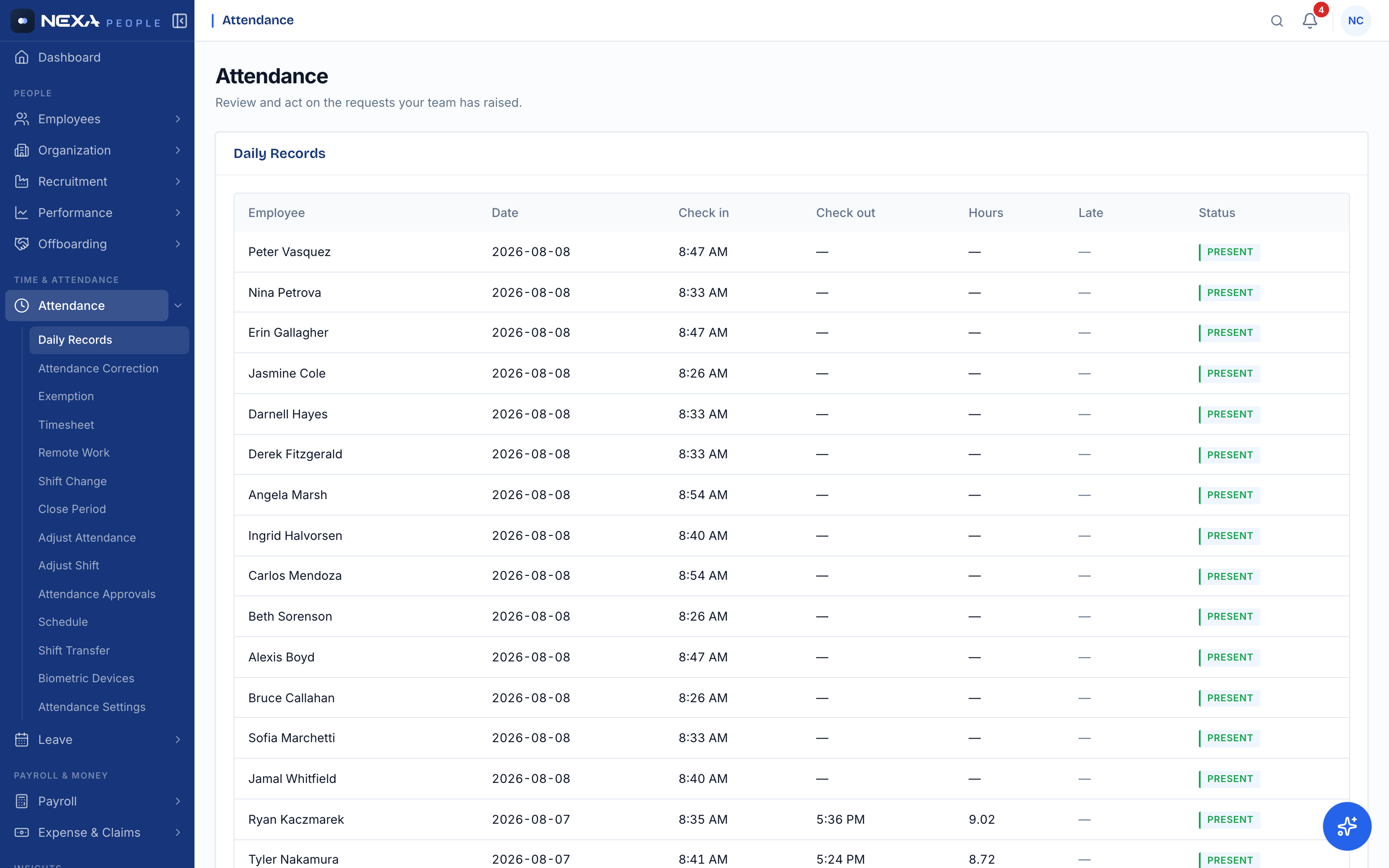 Nexa People daily attendance records — check-ins, hours, late and leave statuses