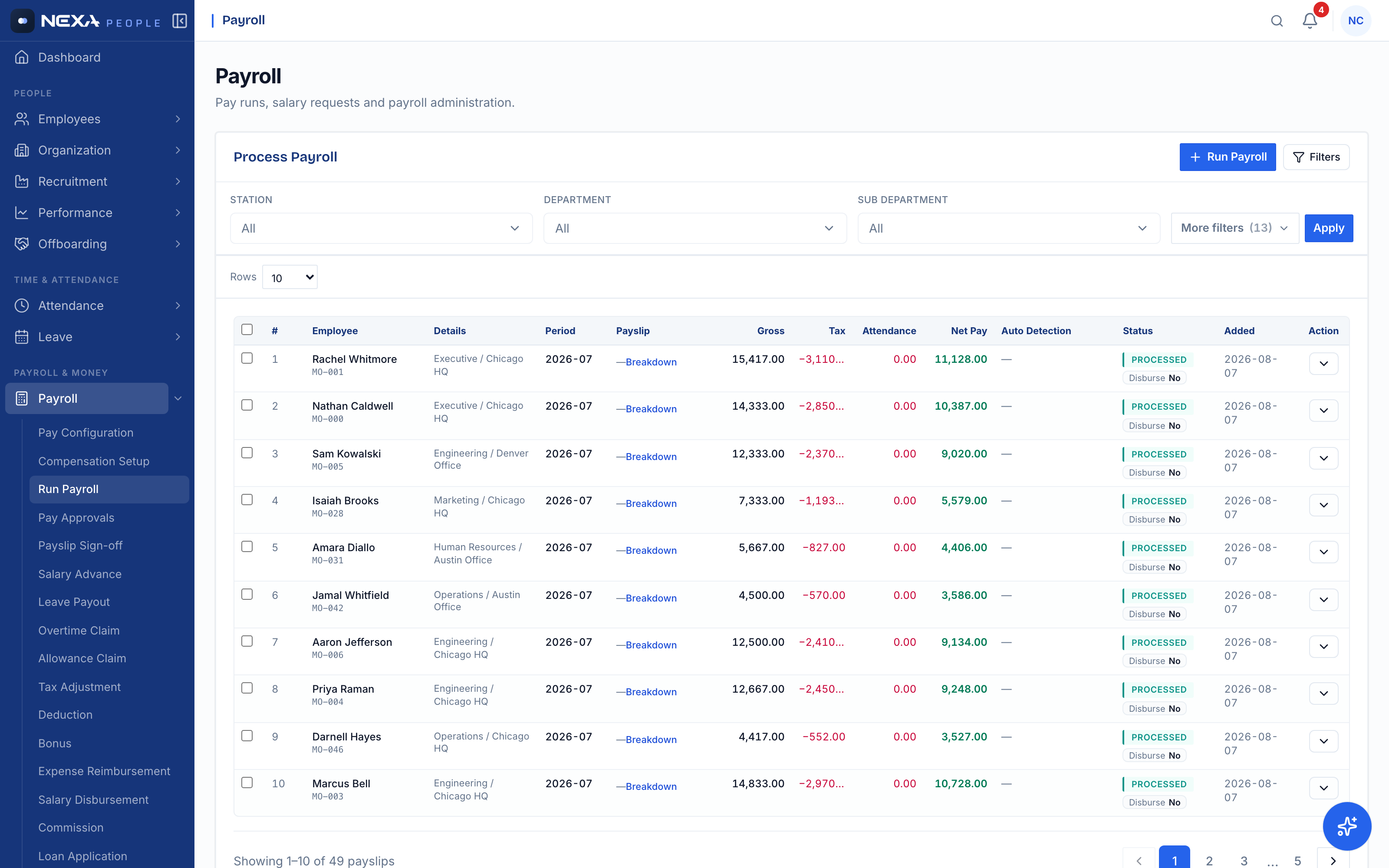 Nexa People payroll run — 49 payslips with gross, tax, and net pay, processed status