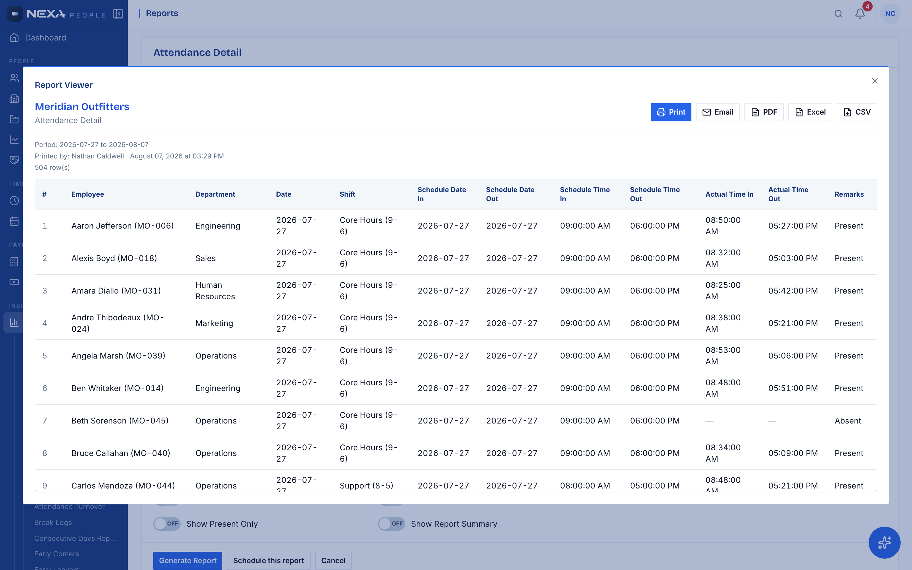 Nexa People report viewer — attendance detail report with scheduled and actual times, export options