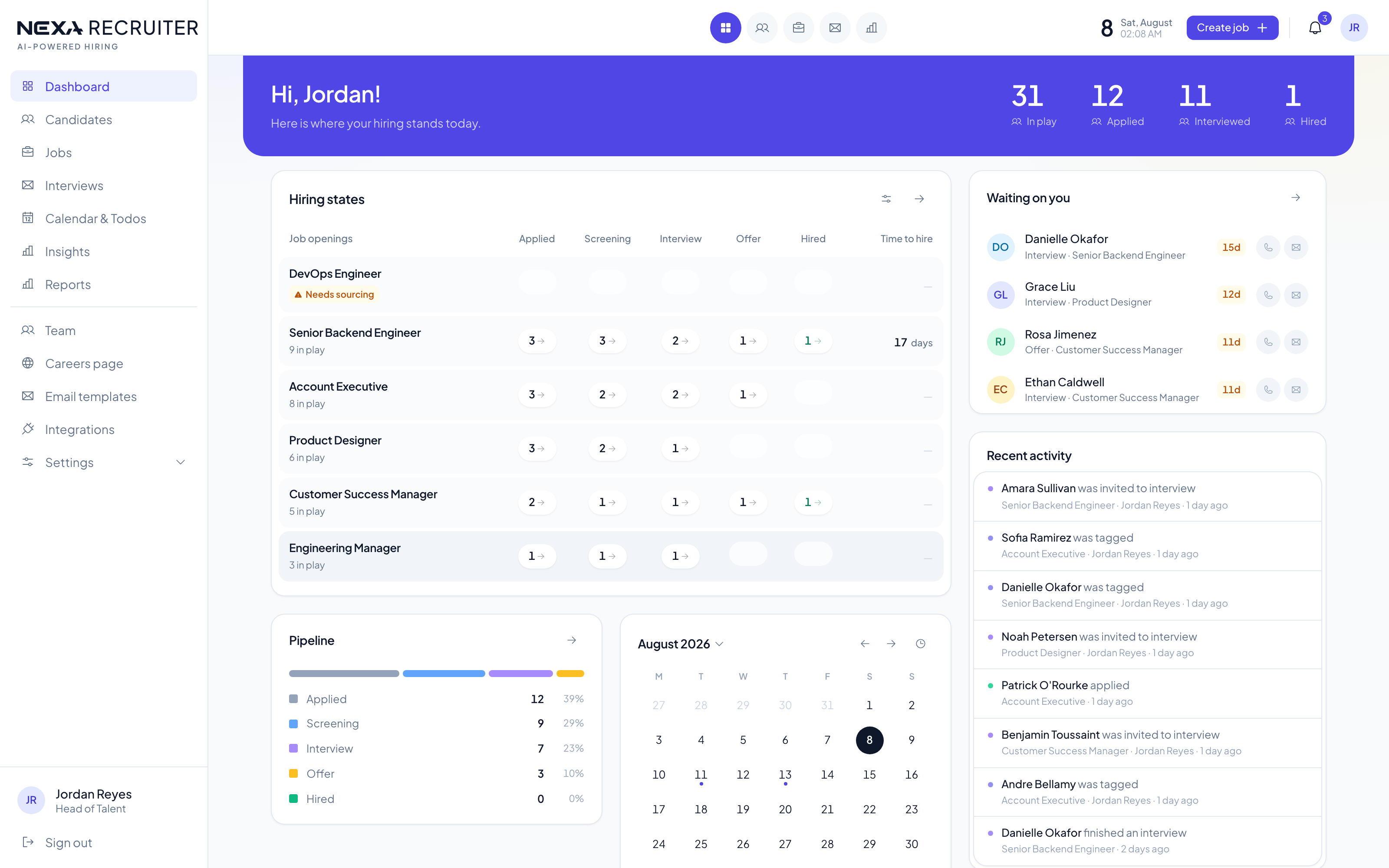 Nexa Recruiter dashboard — hiring funnel per job, waiting-on-you queue, activity feed
