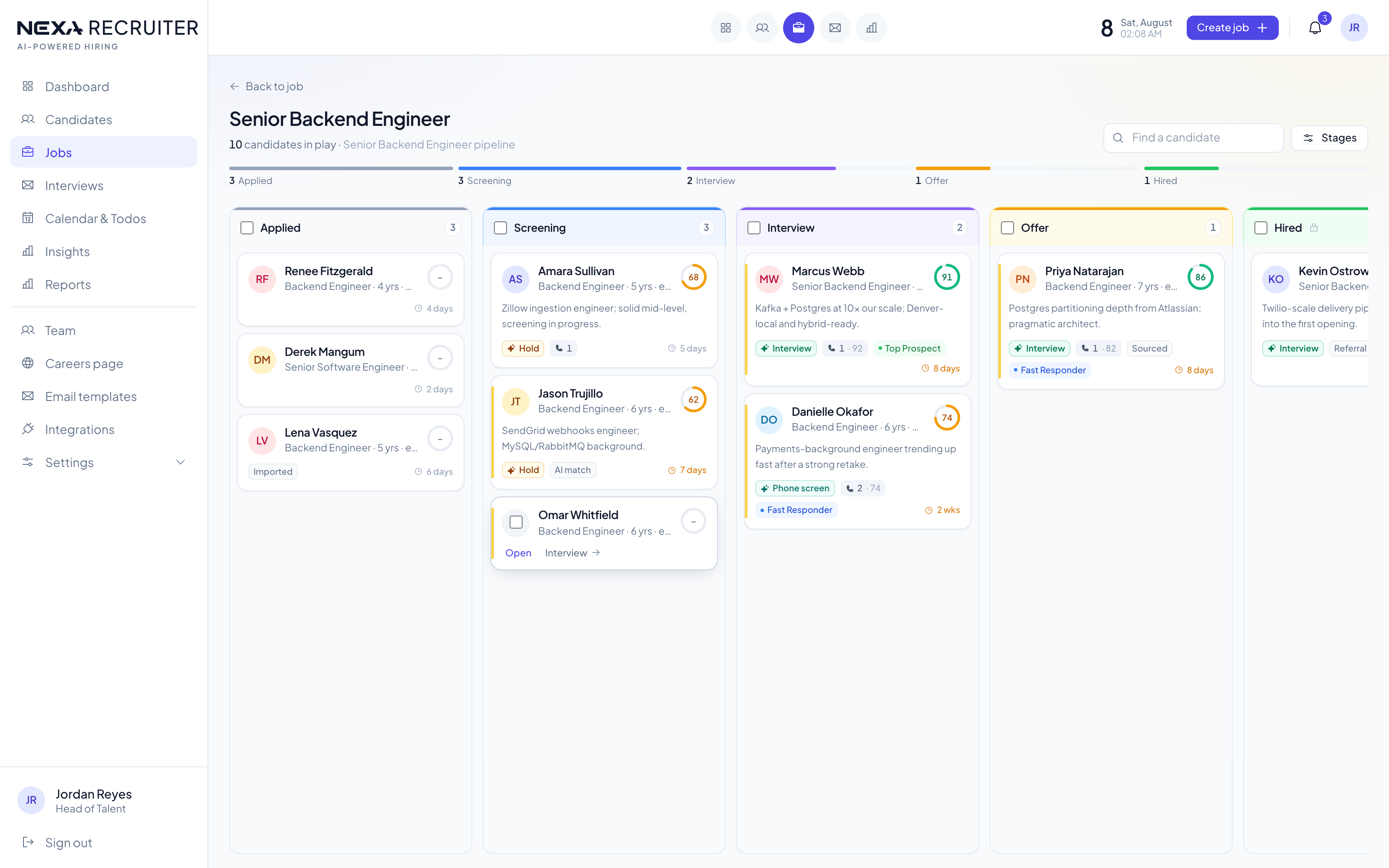 Nexa Recruiter pipeline — candidates ranked by AI score across hiring stages