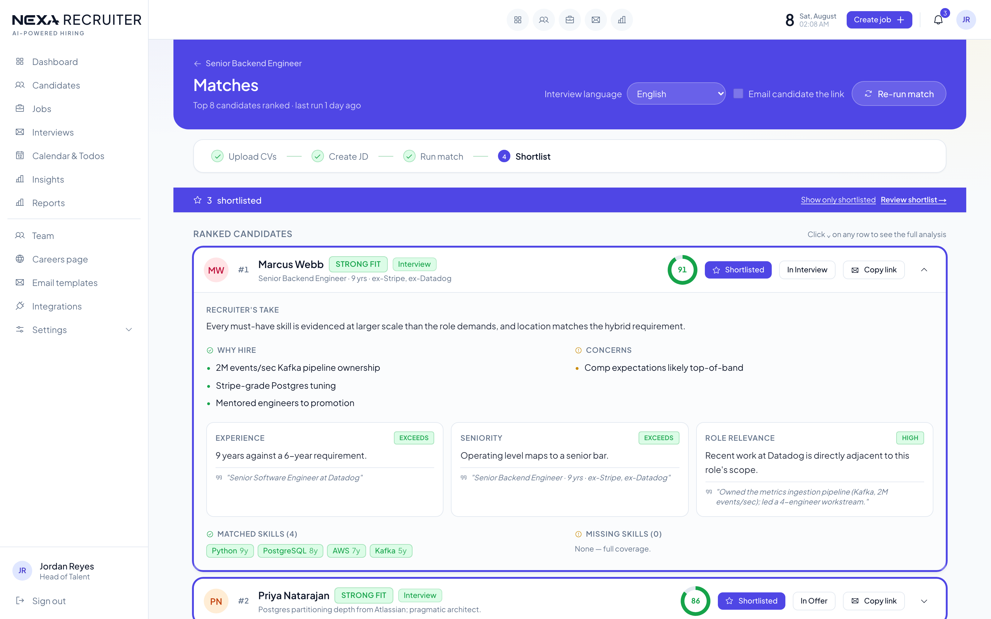 Nexa Recruiter AI ranking — strong-fit candidate with evidence-backed analysis