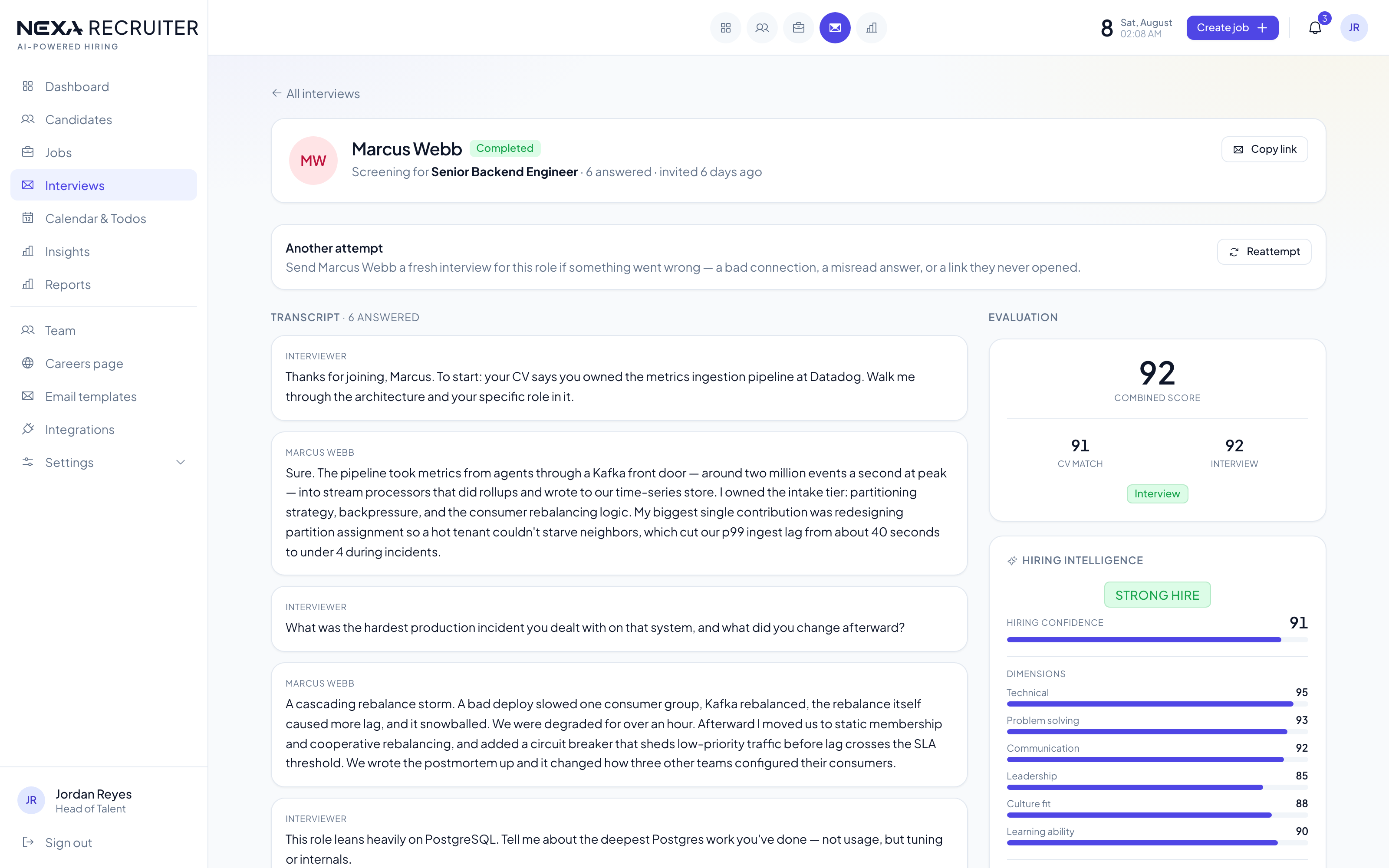 Nexa Recruiter interview detail — transcript with 92 score and strong-hire intelligence panel