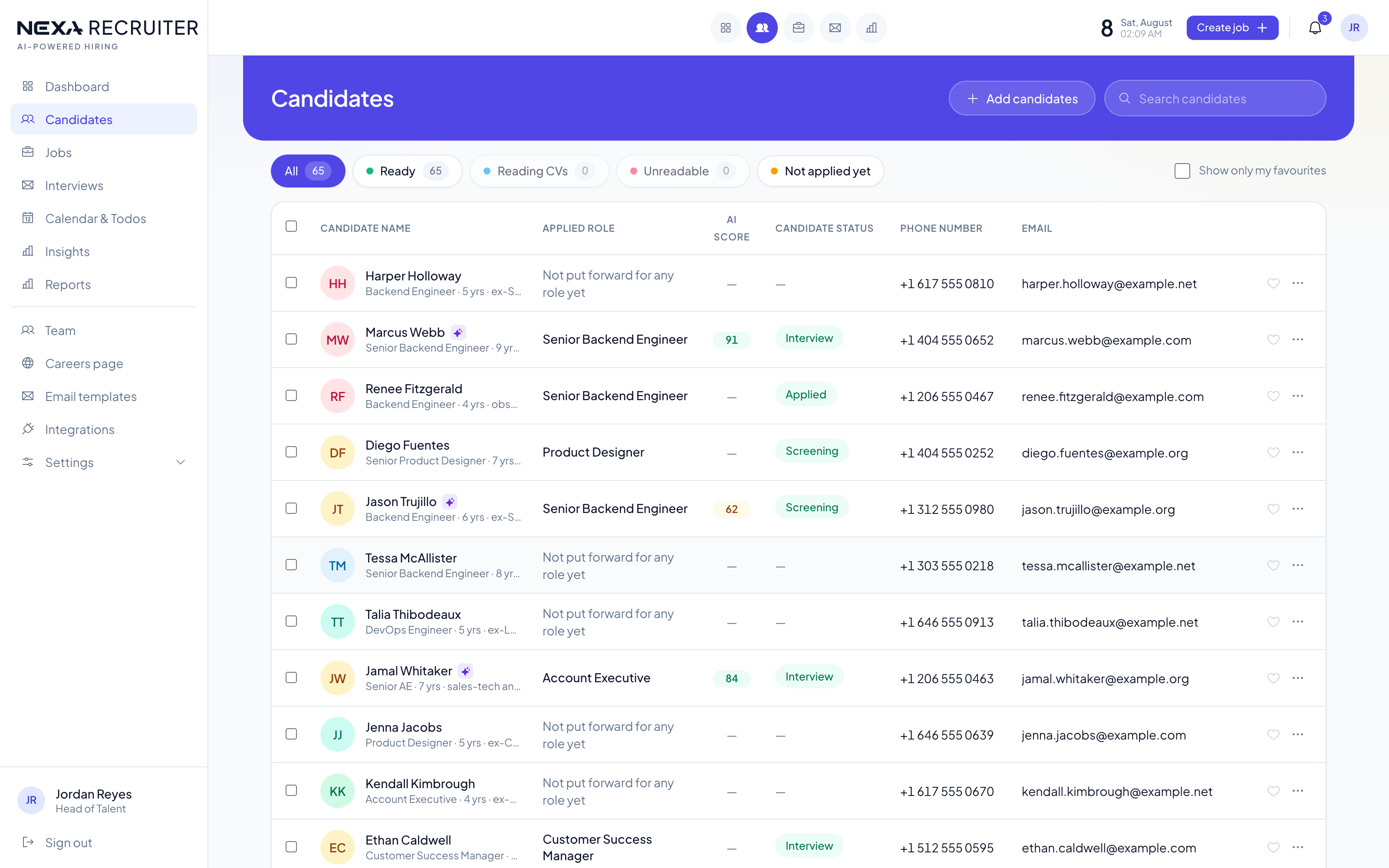Nexa Recruiter talent pool — scored candidates with status and contact details
