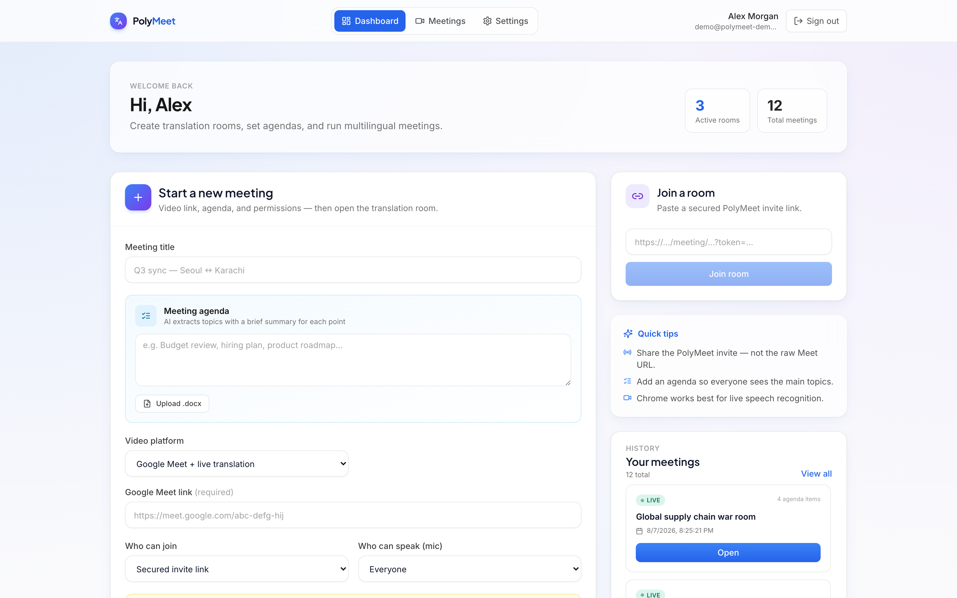 PolyMeet dashboard — create meeting form, join a room, meeting history with live badges