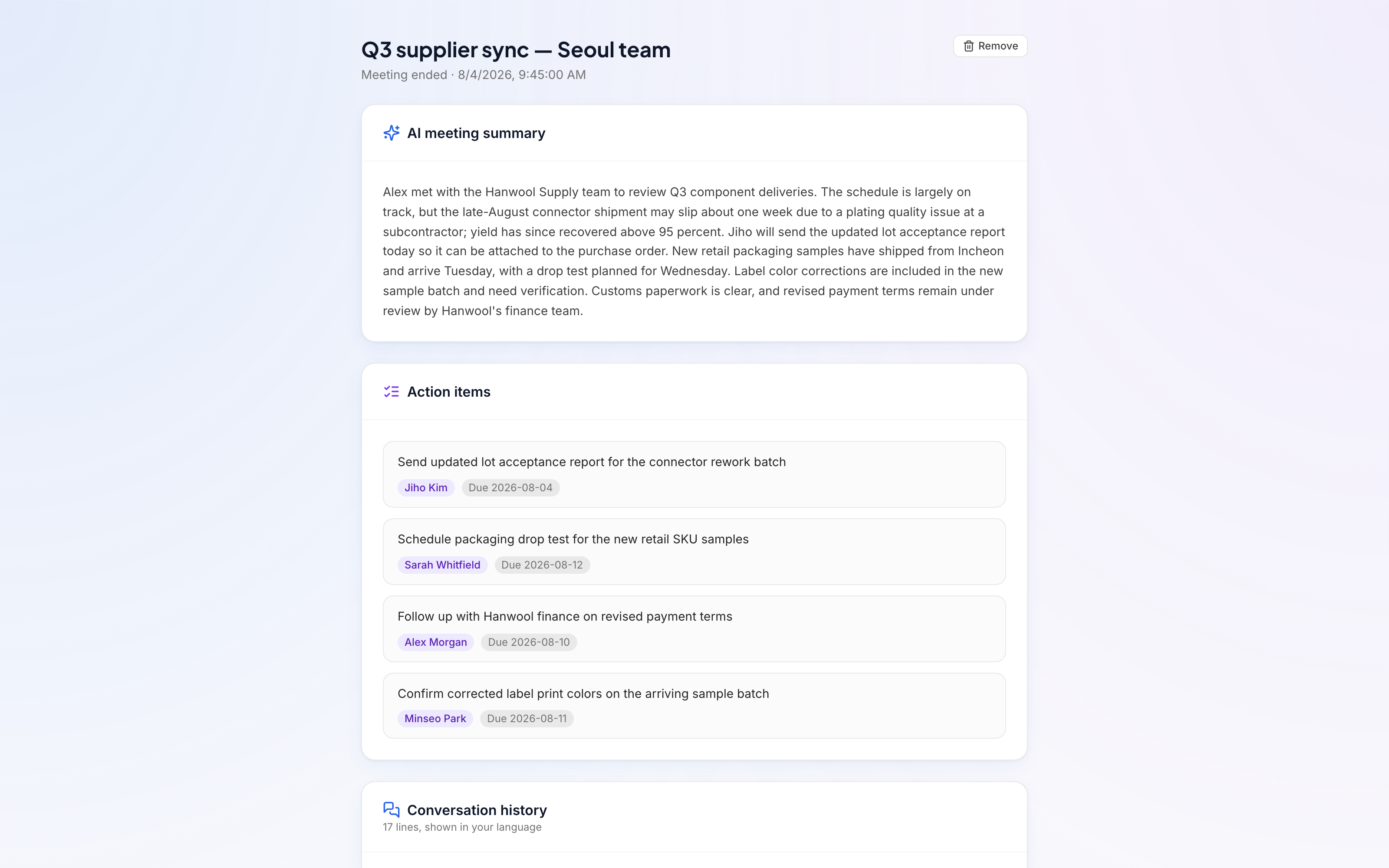 PolyMeet AI meeting summary with action items assigned to owners with due dates