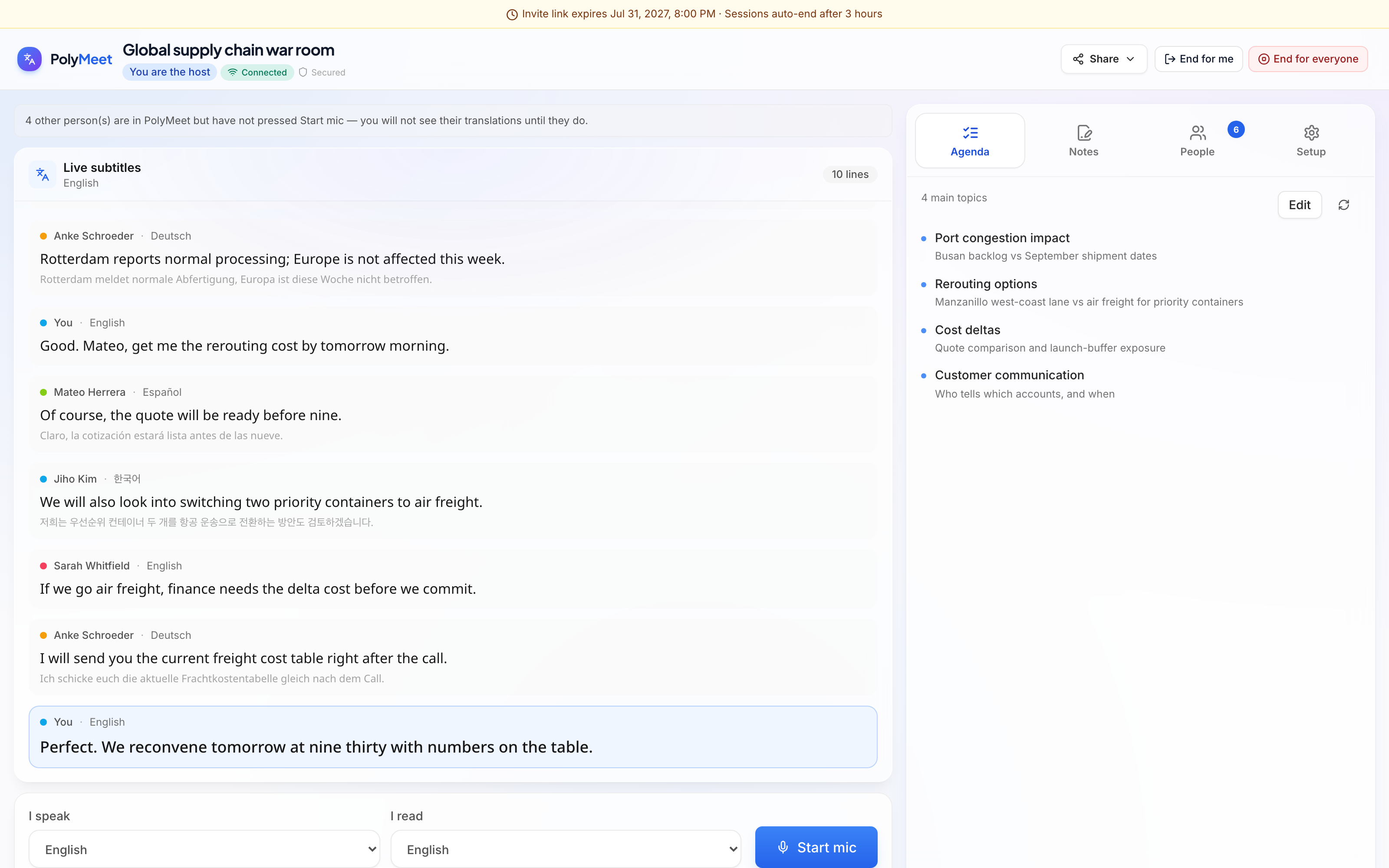 PolyMeet live room — agenda topics beside live multilingual subtitles