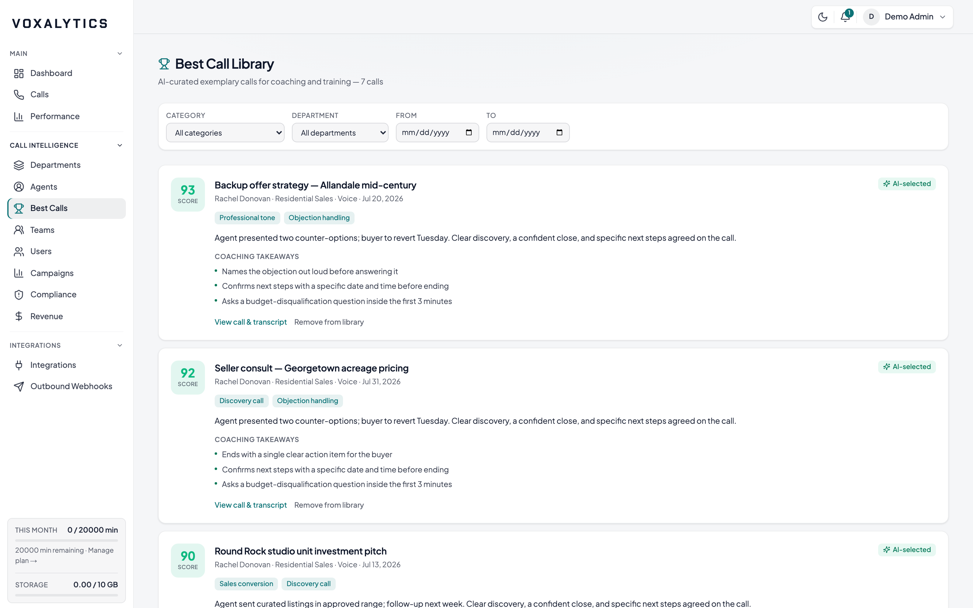 Voxalytics best call library — AI-curated calls with coaching takeaways